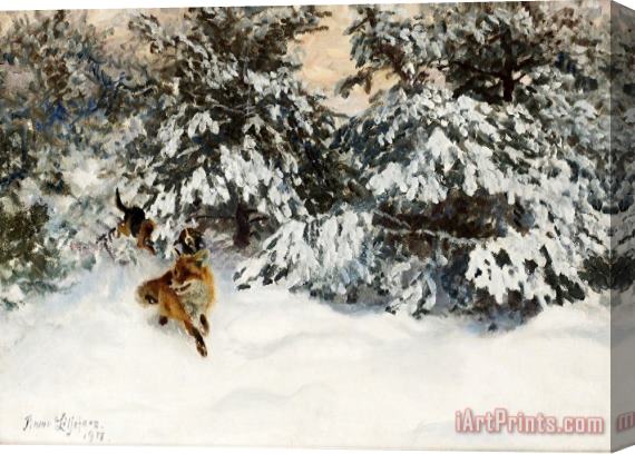 Bruno Liljefors Winter Landscape with Fox And Hounds Stretched Canvas Painting / Canvas Art