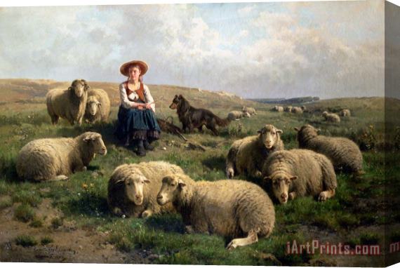 C Leemputten and T Gerard Shepherdess with Sheep in a Landscape Stretched Canvas Painting / Canvas Art
