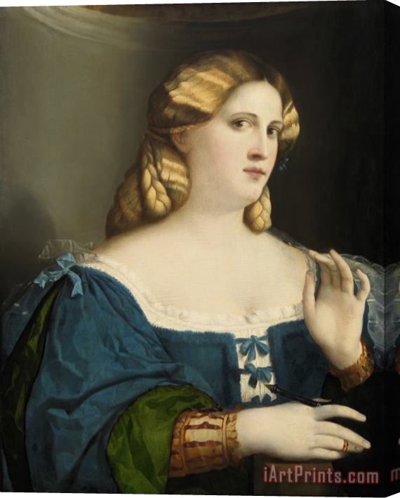 called Palma il Vecchio Jacopo Negretti Young Woman in a Blue Dress, with Fan Stretched Canvas Painting / Canvas Art
