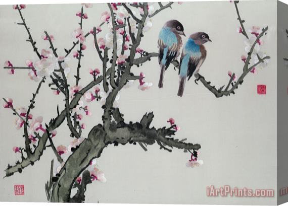 Chinese School Pair of birds on a cherry branch Stretched Canvas Painting / Canvas Art