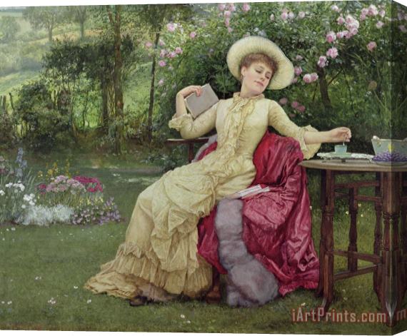 Edward Killingworth Johnson Drinking Coffee And Reading In The Garden Stretched Canvas Print / Canvas Art