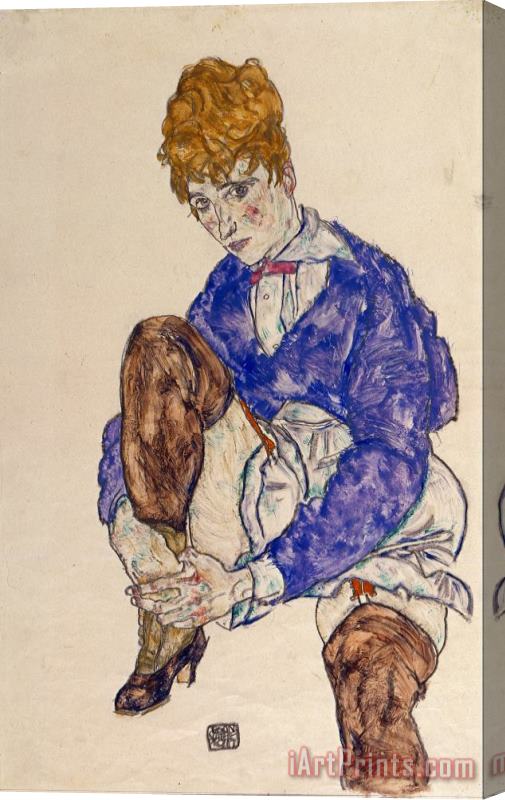 Egon Schiele Portrait of The Artist's Wife Seated, Holding Her Right Leg Stretched Canvas Painting / Canvas Art