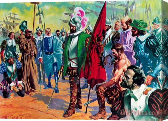 English School Hernando Cortes arriving in Mexico in 1519 Stretched Canvas Print / Canvas Art