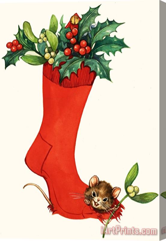 English School Mouse In A Christmas Sock Stretched Canvas Print / Canvas Art
