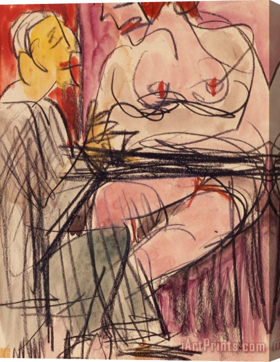 Ernst Ludwig Kirchner Female Nude And Man Sitting At A Table Stretched Canvas Painting / Canvas Art
