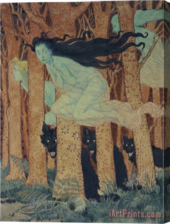 Eugene Grasset Three Women And Three Wolves Stretched Canvas Print / Canvas Art