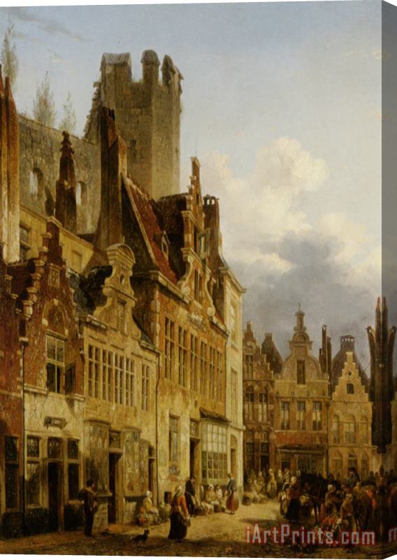 Francois-jean-louis Boulanger A Busy Market Scene in The Streets of Ghent Stretched Canvas Print / Canvas Art
