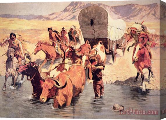 Frederic Remington Indians attacking a pioneer wagon train Stretched Canvas Painting / Canvas Art