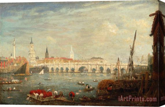 Frederick Nash The Monument And London Bridge Stretched Canvas Print / Canvas Art