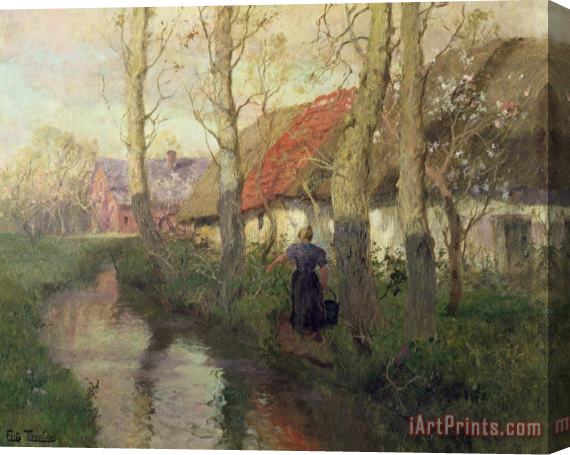Fritz Thaulow A French River Landscape With A Woman By Cottages Stretched Canvas Print / Canvas Art