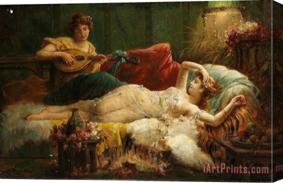 Hans Zatzka Interior with a Lightly Dressed Woman And a Lute Player Stretched Canvas Painting / Canvas Art