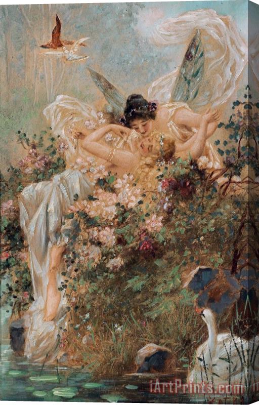 Hans Zatzka Two Fairies Embracing in a Landscape with a Swan Circa Stretched Canvas Painting / Canvas Art