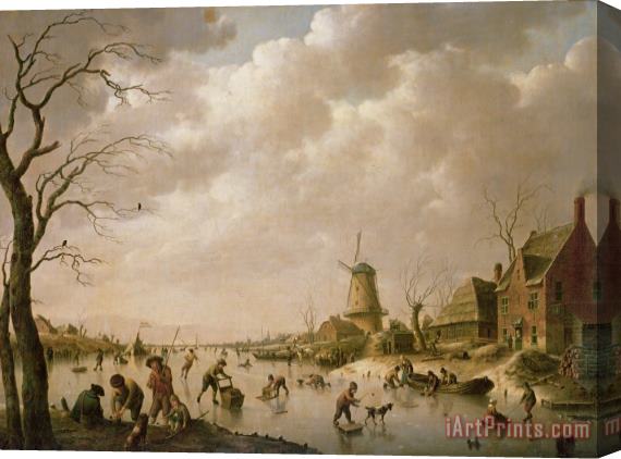 Hendrik Willem Schweickardt Skaters on a Frozen Canal Stretched Canvas Painting / Canvas Art