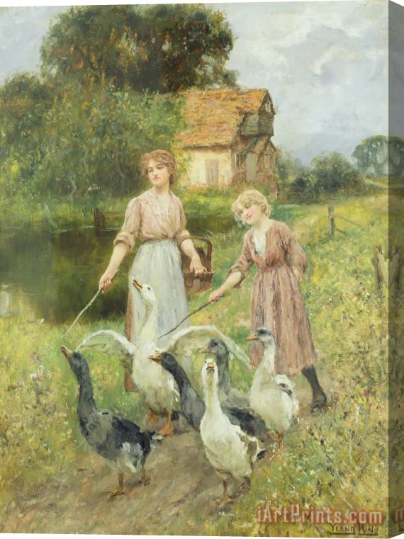 Henry John Yeend King  Girls Herding Geese Stretched Canvas Print / Canvas Art