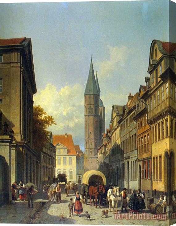 Jacques Carabain A Busy Street in a German Town Stretched Canvas Print / Canvas Art