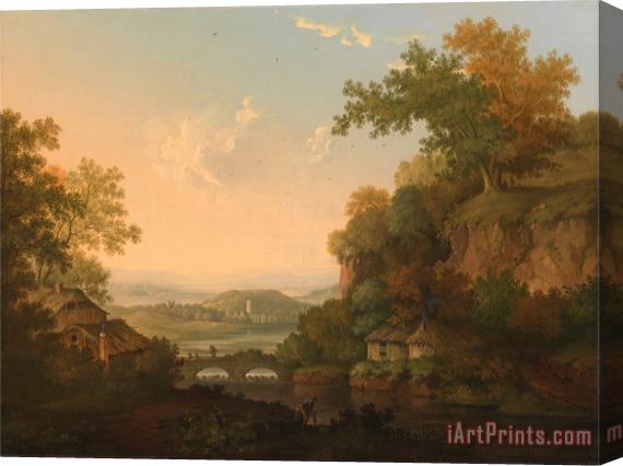 James Lambert of Lewes A River Scene with Thatched Huts by a Bridge Over a Weir Stretched Canvas Print / Canvas Art