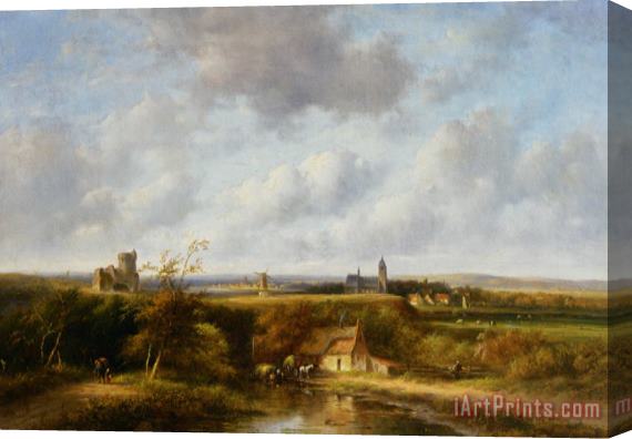 Jan Evert Morel An Extensive Summer Landscape with Peasants by a Farm, a Village in The Distance Stretched Canvas Print / Canvas Art