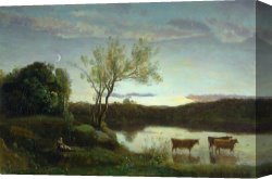 Moon of The Barbarians Luna Der Barbaren Canvas Prints - A Pond with three Cows and a Crescent Moon by Jean Baptiste Camille Corot