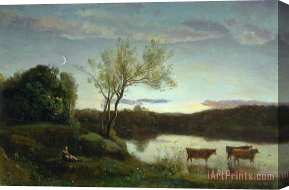 Jean Baptiste Camille Corot A Pond with three Cows and a Crescent Moon Stretched Canvas Painting / Canvas Art