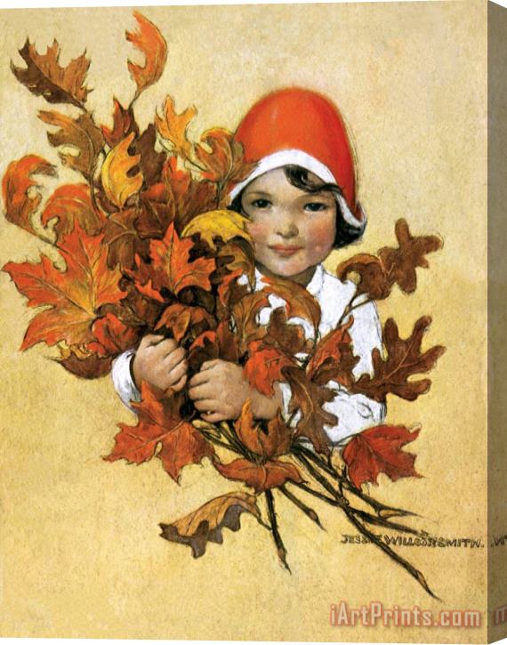 Jessie Willcox Smith Girl with Fall Leaves Stretched Canvas Print / Canvas Art
