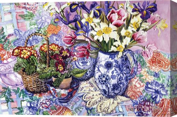 Joan Thewsey Daffodils Tulips And Iris In A Jacobean Blue And White Jug With Sanderson Fabric And Primroses Stretched Canvas Painting / Canvas Art