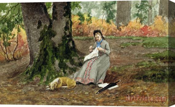 John M Tracy Woman Embroidering Under a Tree Stretched Canvas Print / Canvas Art