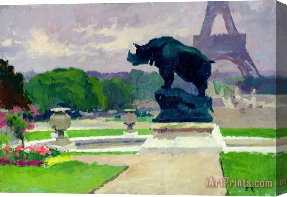 Jules Ernest Renoux The Trocadero Gardens And The Rhinoceros by Jacquemart (oil on Canvas) Stretched Canvas Print / Canvas Art