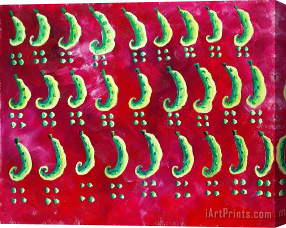 Julie Nicholls Peas On A Red Background Stretched Canvas Painting / Canvas Art