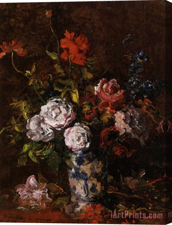 Karl Pierre Daubigny Floral Still Life in a Blue And White Porcelain Vase Stretched Canvas Print / Canvas Art
