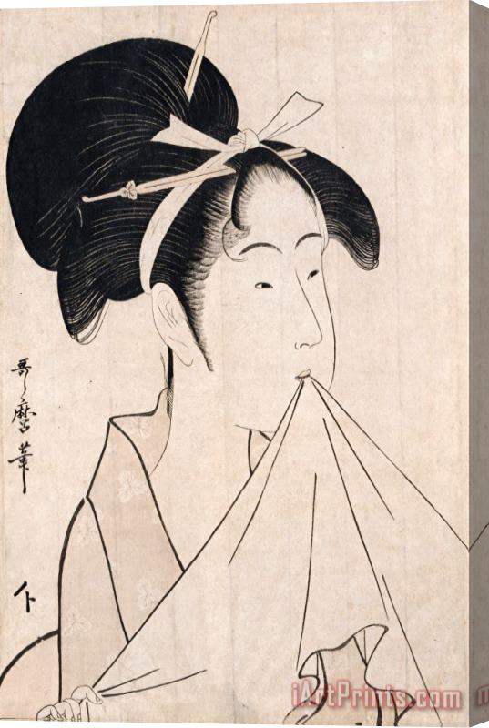 Kitagawa Utamaro A Bust Portrait of Okita of The Naniwaya Holding a Hand Towel in Her Teeth And Stretching The Cloth Stretched Canvas Print / Canvas Art