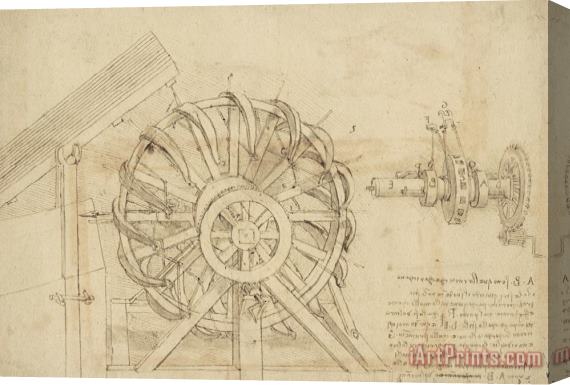 Leonardo da Vinci Great Sling Rotating On Horizontal Plane Great Wheel And Crossbows Devices From Atlantic Codex Stretched Canvas Print / Canvas Art