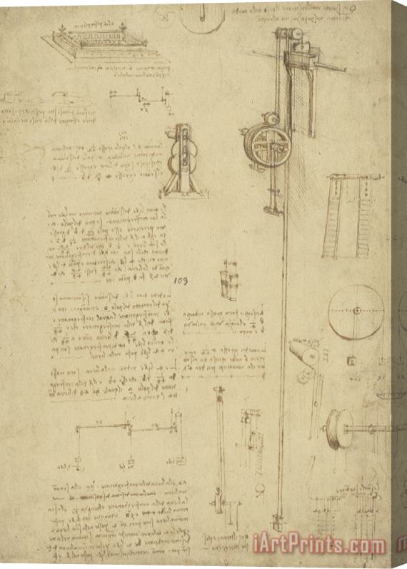 Leonardo da Vinci Study And Calculations For Determining Friction Drawing With Notes On Gardens Of Milanese Palace Stretched Canvas Print / Canvas Art