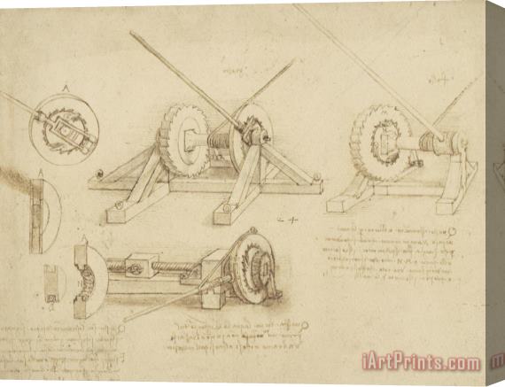 Leonardo da Vinci Winch Great Spring Catapult And Ladder From Atlantic Codex Stretched Canvas Print / Canvas Art
