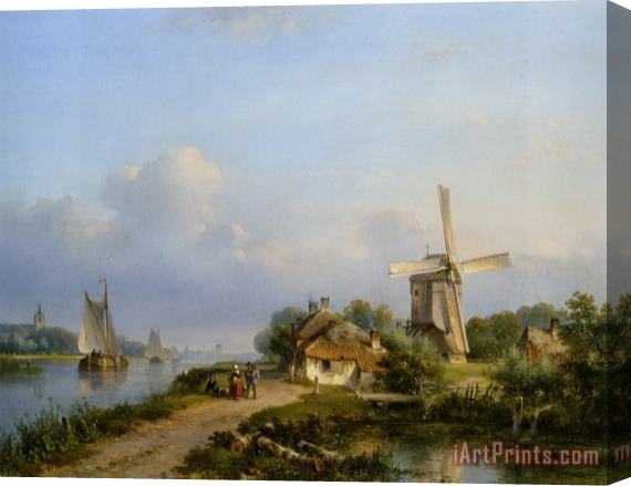 Lodewijk Johannes Kleijn Figures on a Canal Near a Windmill Stretched Canvas Painting / Canvas Art