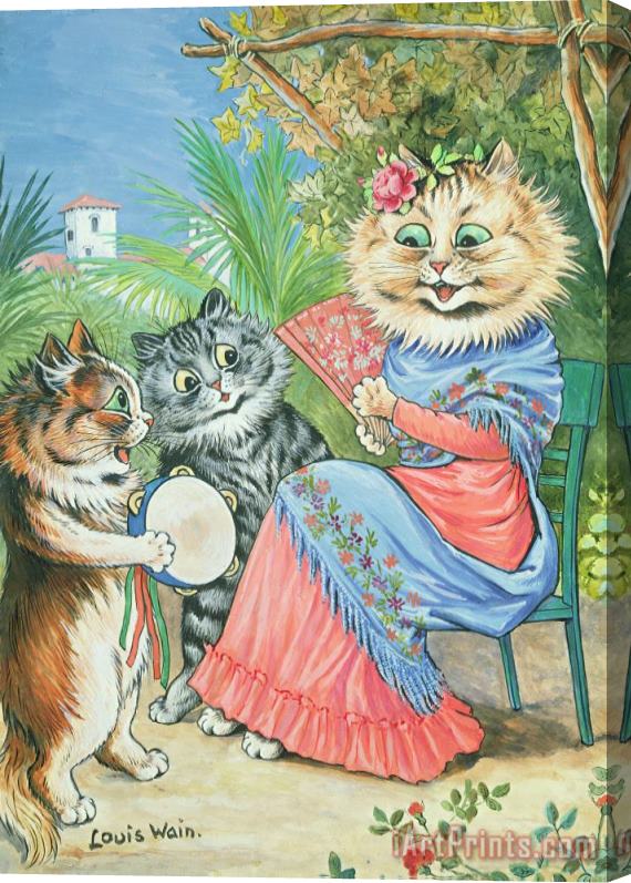 Louis Wain Mother cat with fan and two kittens Stretched Canvas Painting / Canvas Art