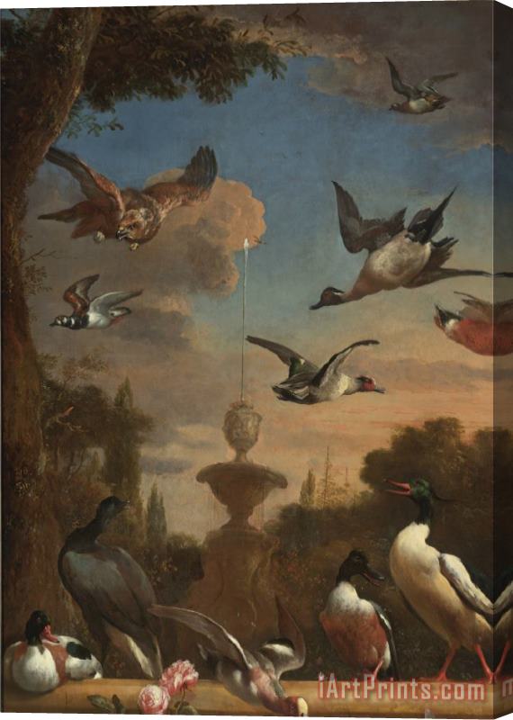 Melchior de Hondecoeter Classical Garden Landscape with a Mallard, a Golden Eagle, And Other Wild Fowl in Flight Stretched Canvas Print / Canvas Art
