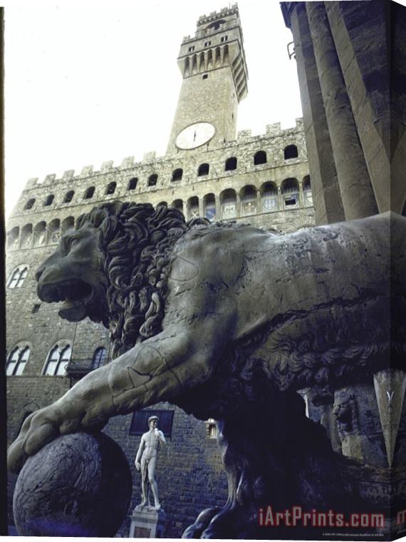 Michelangelo Buonarroti Replica of The David Under Belly of Roman Lion in Piazza Della Signoria Florence Stretched Canvas Painting / Canvas Art