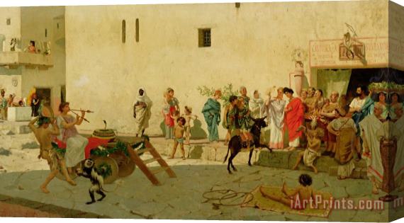 Modesto Faustini A Roman Street Scene with Musicians and a Performing Monkey Stretched Canvas Painting / Canvas Art