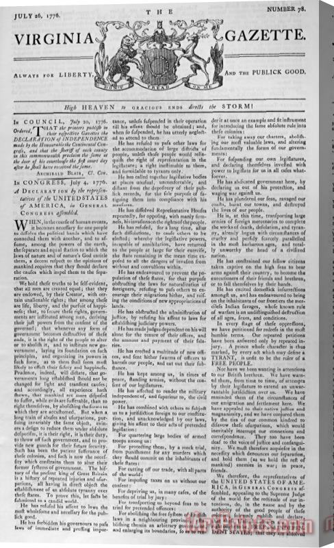 Others Virginia Gazette, 1776 Stretched Canvas Print / Canvas Art