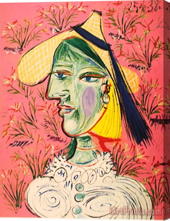 Pablo Picasso Femme Au Chapeau De Paille Sur Fond Fleuri Stretched Canvas Print / Canvas Art