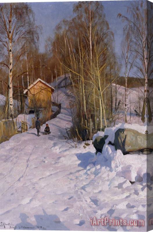 Peder Monsted A Winter Landscape With Children Sledging Stretched Canvas Print / Canvas Art