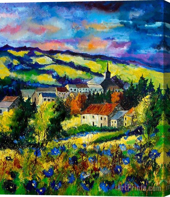Pol Ledent Village and blue poppies Stretched Canvas Painting / Canvas Art