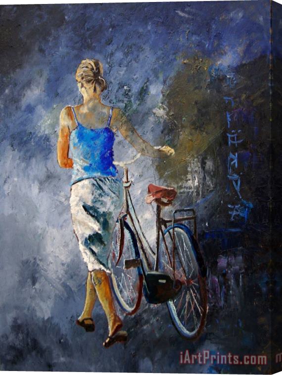 Pol Ledent Waking aside her bike 68 Stretched Canvas Print / Canvas Art