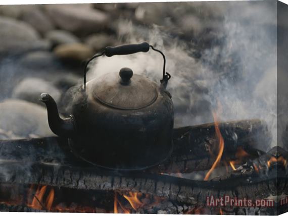 Raymond Gehman A Kettle of Water Comes to a Boil Over a Smoky Campfire Stretched Canvas Print / Canvas Art