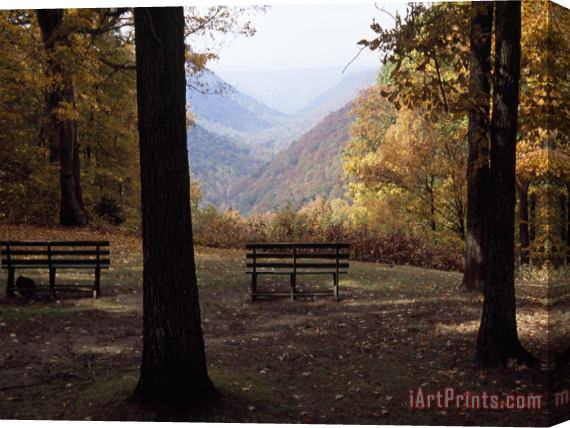 Raymond Gehman Benches Beckon Rest And Provide a Scenic View of Manns Creek Gorge Stretched Canvas Painting / Canvas Art