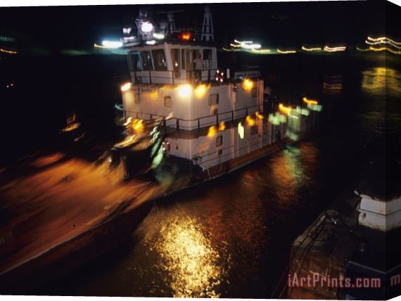 Raymond Gehman Night View of a Barge And It's Tug on The Kanawha River Stretched Canvas Print / Canvas Art