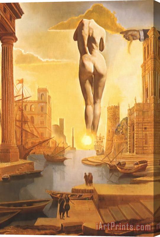 Salvador Dali Dali's Hand Drawing Back The Golden Fleece in The Form of a Cloud to Show Gala Completely Nude Stretched Canvas Painting / Canvas Art