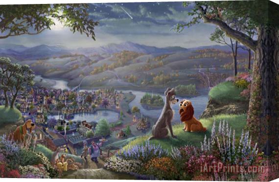Thomas Kinkade Disney Lady And The Tramp Falling in Love Stretched Canvas Print / Canvas Art