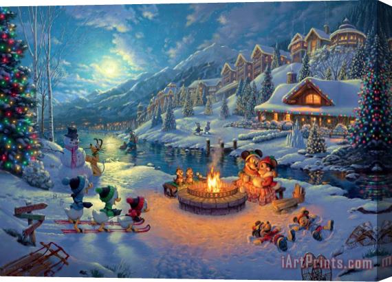 Thomas Kinkade Disney Mickey And Minnie Christmas Lodge Stretched Canvas Print / Canvas Art