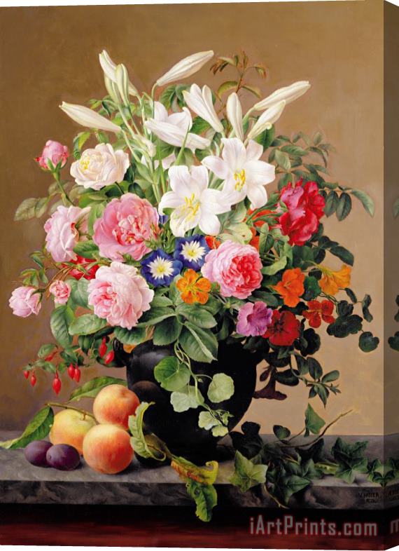 V. Hoier Still Life With Flowers And Fruit Stretched Canvas Print / Canvas Art